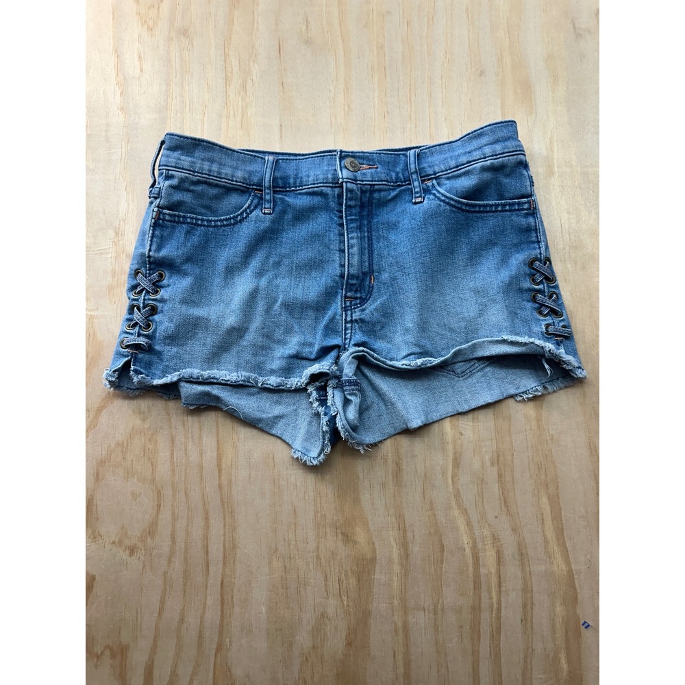 Hollister High Rise Short-Short Denim Cutoffs Lace Up Side Blue Womens 7 W28